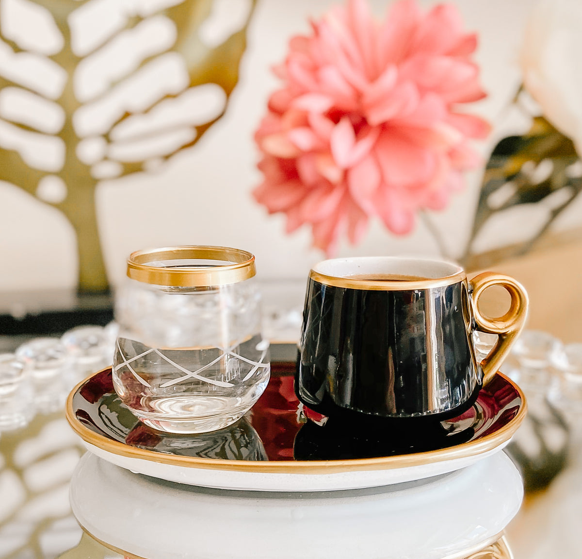 Black & White Turkish Coffee Cups W/Water Glass Set