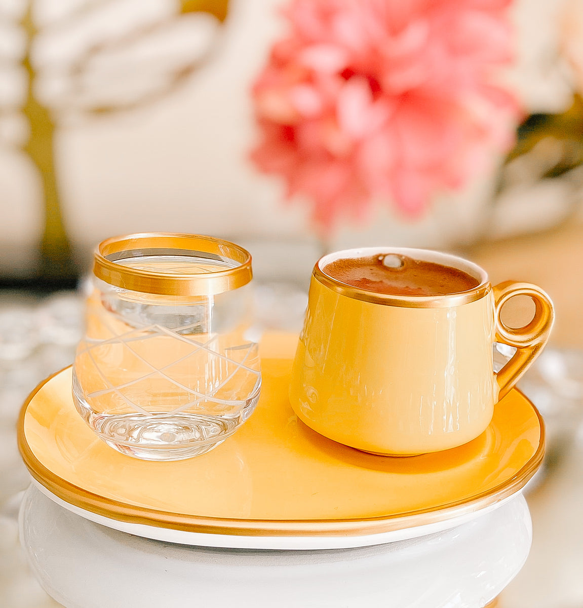 Black & White Turkish Coffee Cups W/Water Glass Set