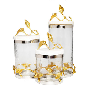 Glass, Metal and Marble Canister Set of Three