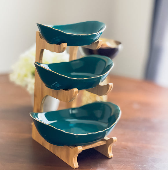 Triple Tier Emerald Green Platter with Wood Stand